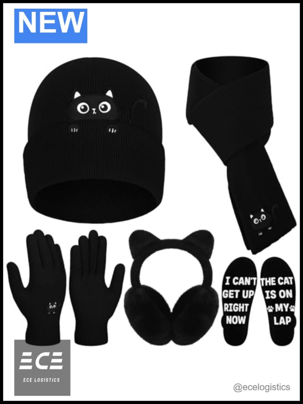 Cat Winter Set Beanie Scarf Gloves Fleece Earmuffs Socks Knit 5 Piece